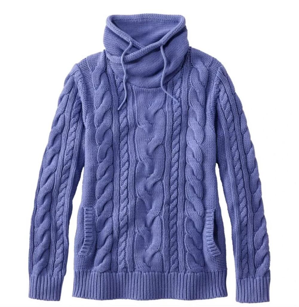 LL Bean Cotton Blue/Purple Double L Mixed Cable Funnelneck Cotton Sweater S